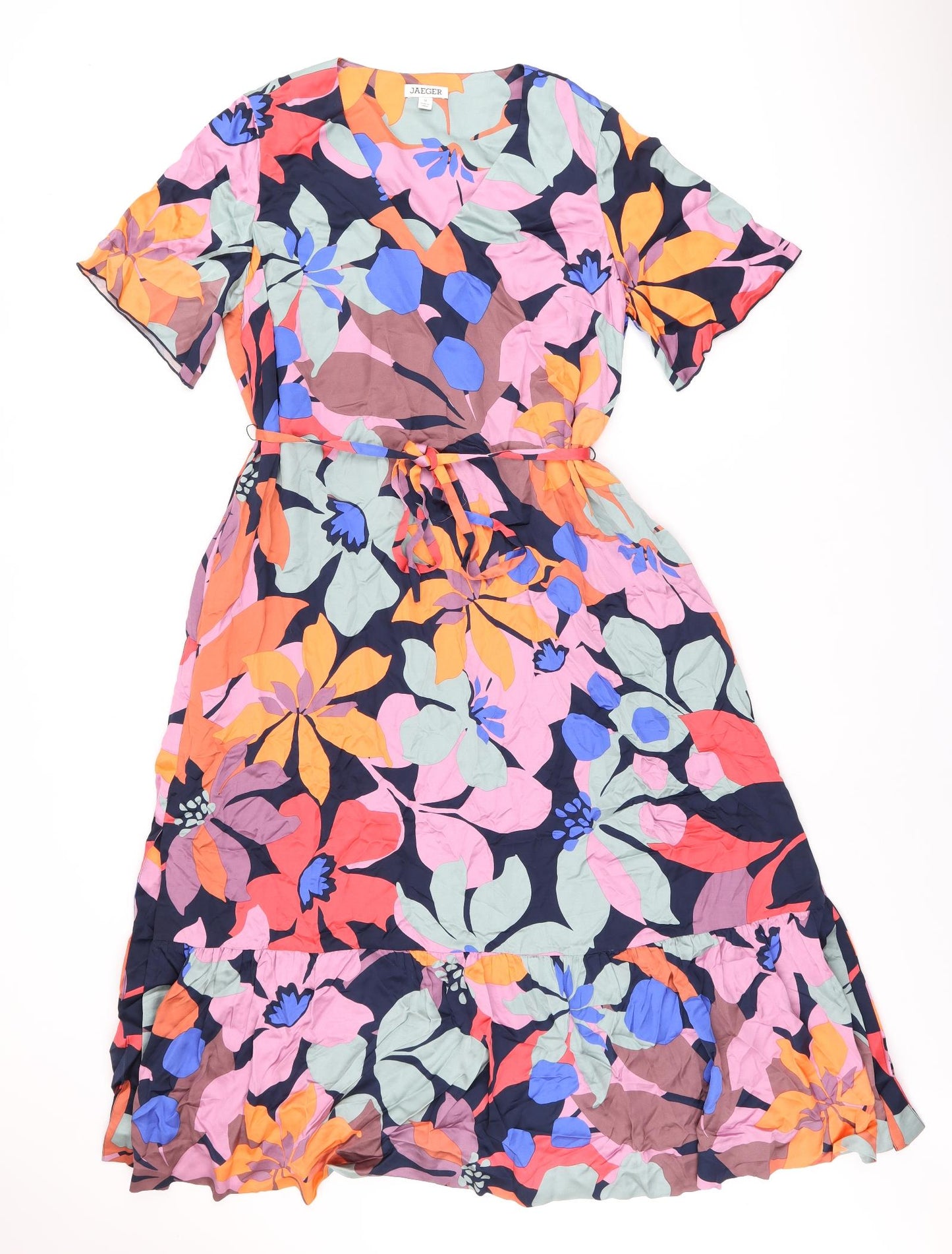 Jaeger Womens Multicoloured Floral Viscose A-Line Size 14 V-Neck Pullover - Split Hem