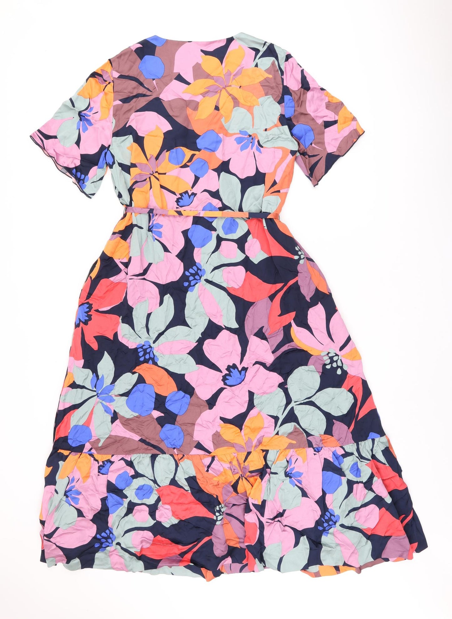 Jaeger Womens Multicoloured Floral Viscose A-Line Size 14 V-Neck Pullover - Split Hem