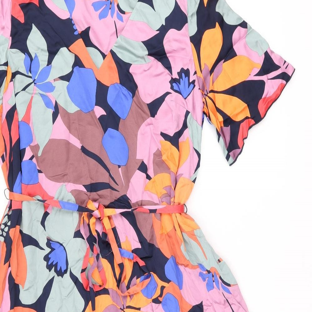 Jaeger Womens Multicoloured Floral Viscose A-Line Size 14 V-Neck Pullover - Split Hem