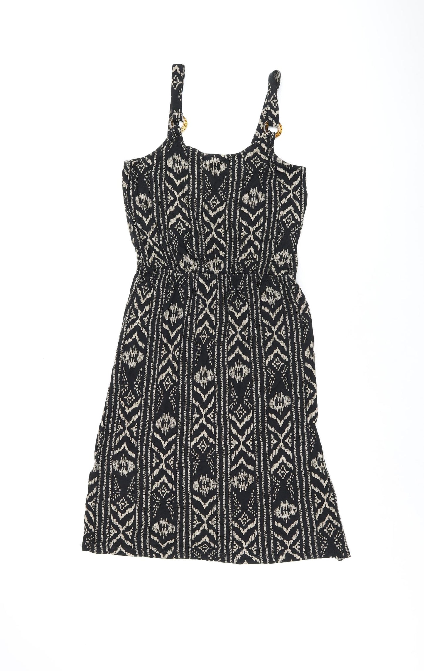LASCANA Womens Black Geometric Viscose Skater Dress Size 10 Scoop Neck Pullover - Split Hem