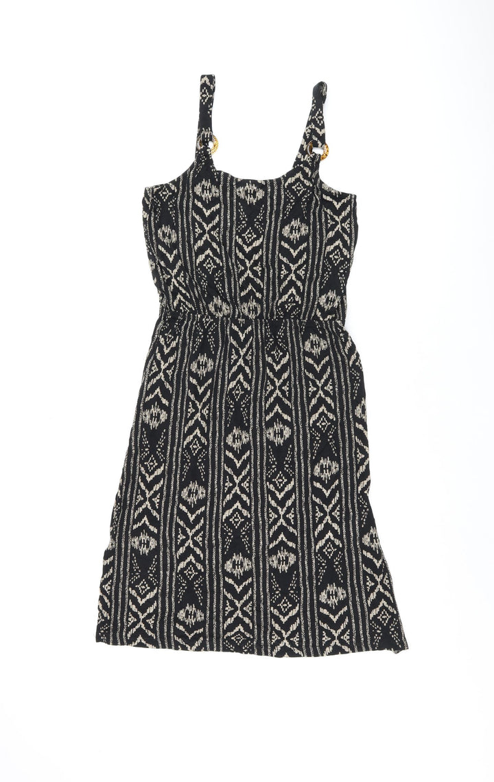 LASCANA Womens Black Geometric Viscose Skater Dress Size 10 Scoop Neck Pullover - Split Hem