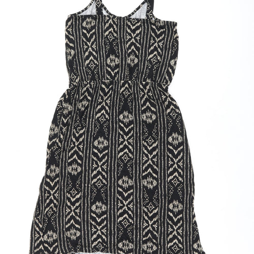 LASCANA Womens Black Geometric Viscose Skater Dress Size 10 Scoop Neck Pullover - Split Hem