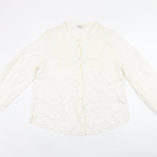 Marks and Spencer Womens White Floral Cotton Basic Button-Up Size 14 Round Neck - Embroidered