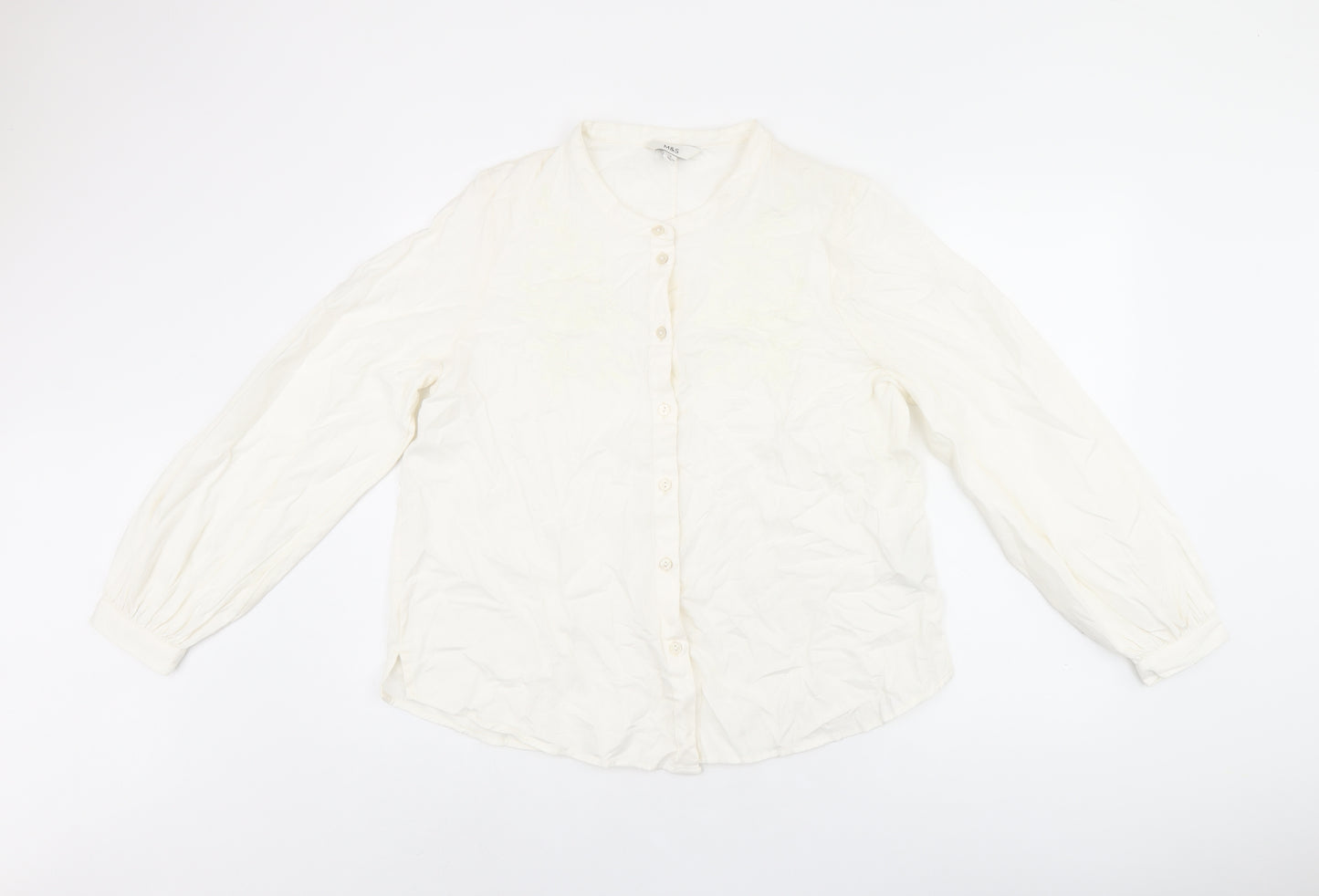 Marks and Spencer Womens White Floral Cotton Basic Button-Up Size 14 Round Neck - Embroidered