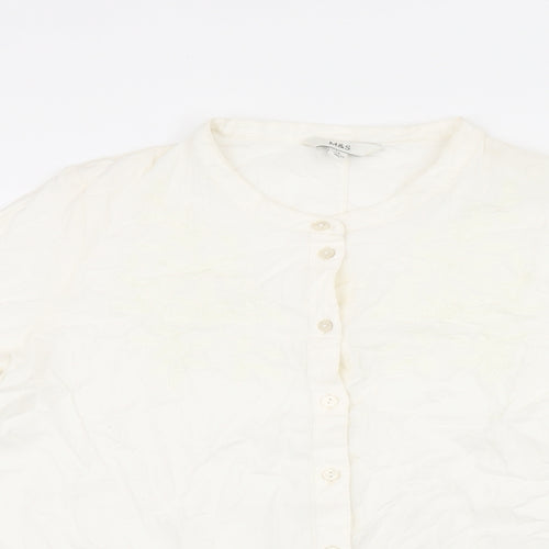 Marks and Spencer Womens White Floral Cotton Basic Button-Up Size 14 Round Neck - Embroidered