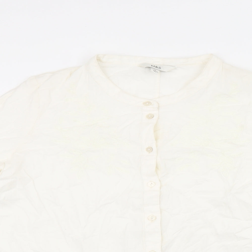 Marks and Spencer Womens White Floral Cotton Basic Button-Up Size 14 Round Neck - Embroidered