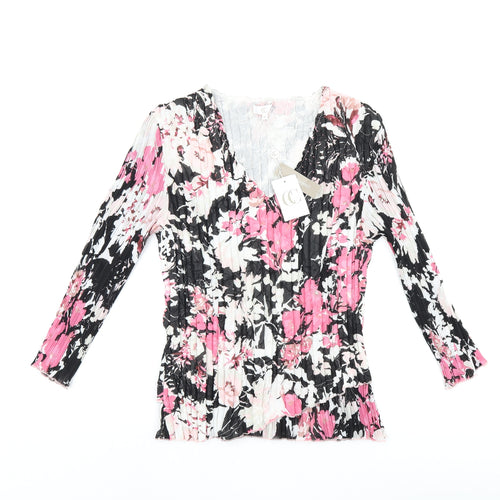 CC Womens Black Floral Polyester Basic T-Shirt Size M V-Neck - Pleated