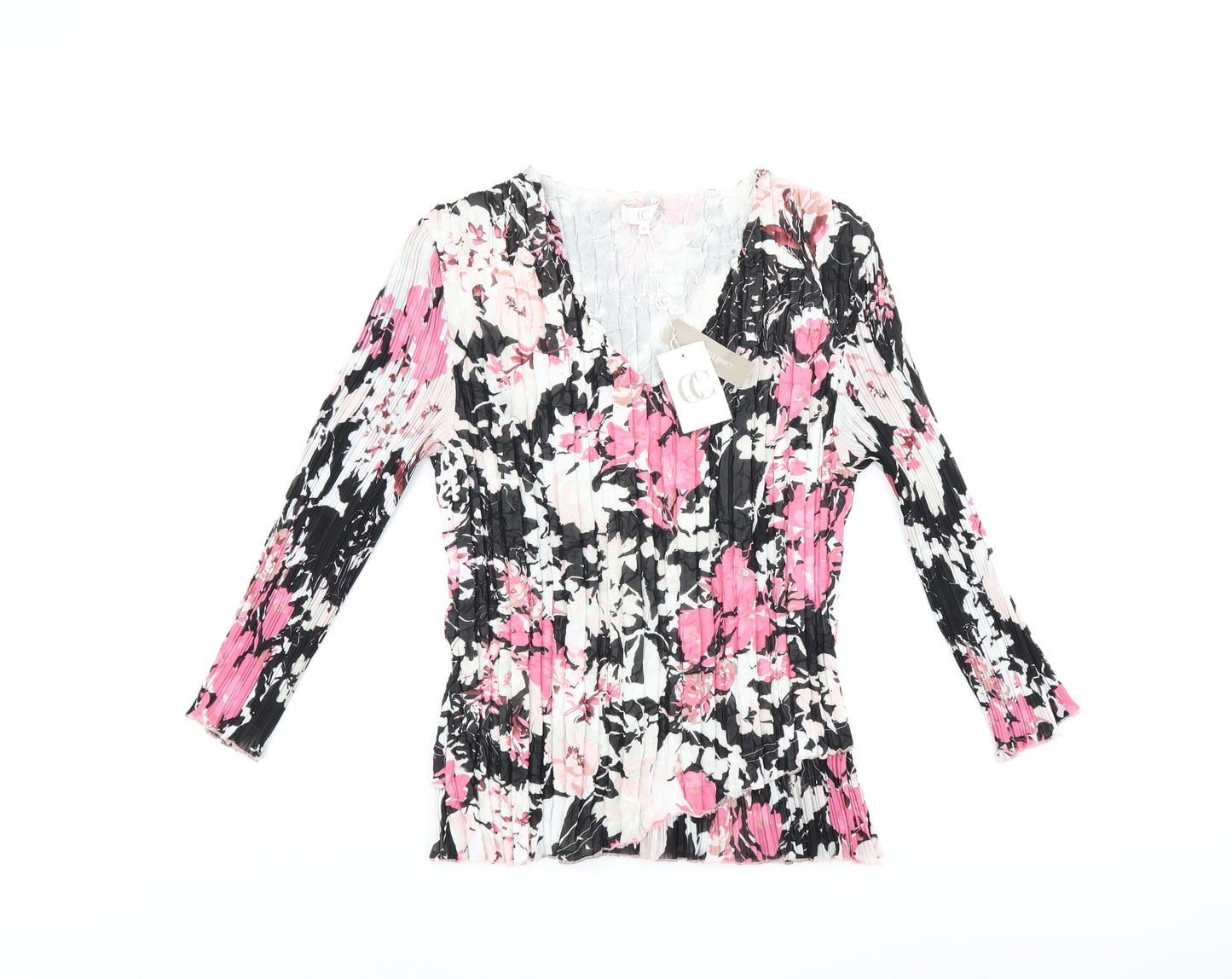 CC Womens Black Floral Polyester Basic T-Shirt Size M V-Neck - Pleated