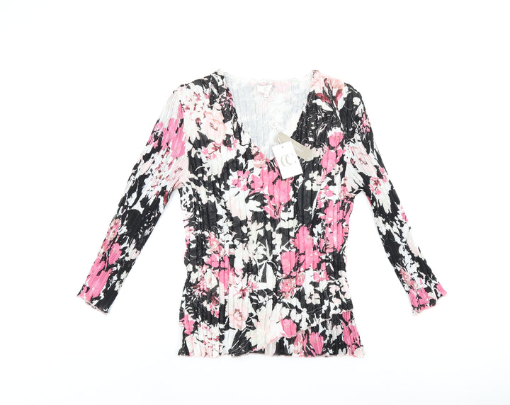 CC Womens Black Floral Polyester Basic T-Shirt Size M V-Neck - Pleated