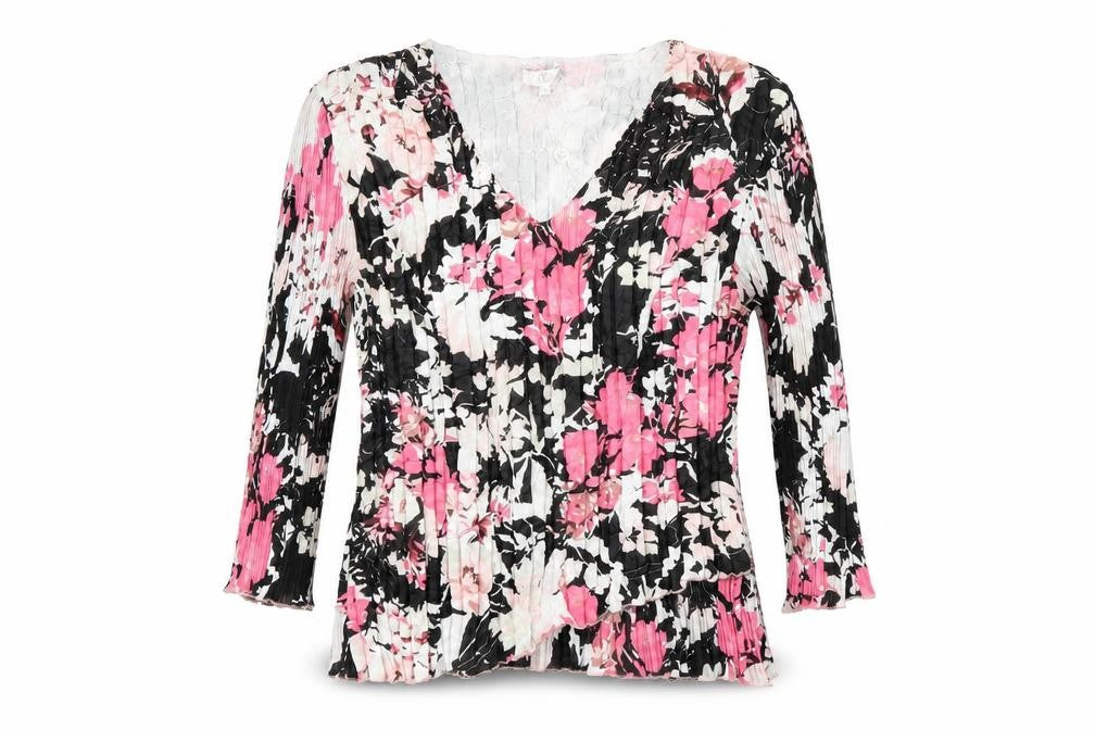 Front view of Country Casuals women’s black floral polyester basic t-shirt, size M, v-neck - pleated