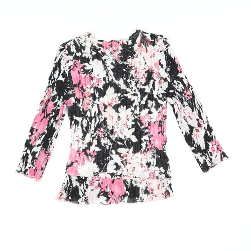 CC Womens Black Floral Polyester Basic T-Shirt Size M V-Neck - Pleated