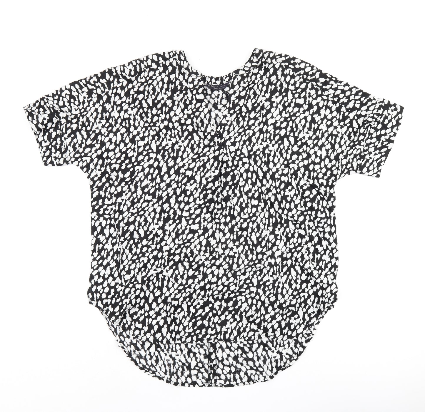 Marks and Spencer Womens Black Geometric Linen Basic T-Shirt Size 14 V-Neck