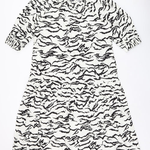 Marks and Spencer Womens White Geometric Cotton Shift Size 10 Boat Neck Pullover