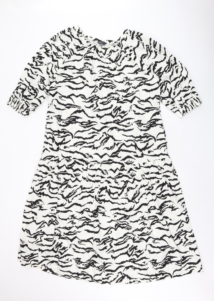 Marks and Spencer Womens White Geometric Cotton Shift Size 10 Boat Neck Pullover