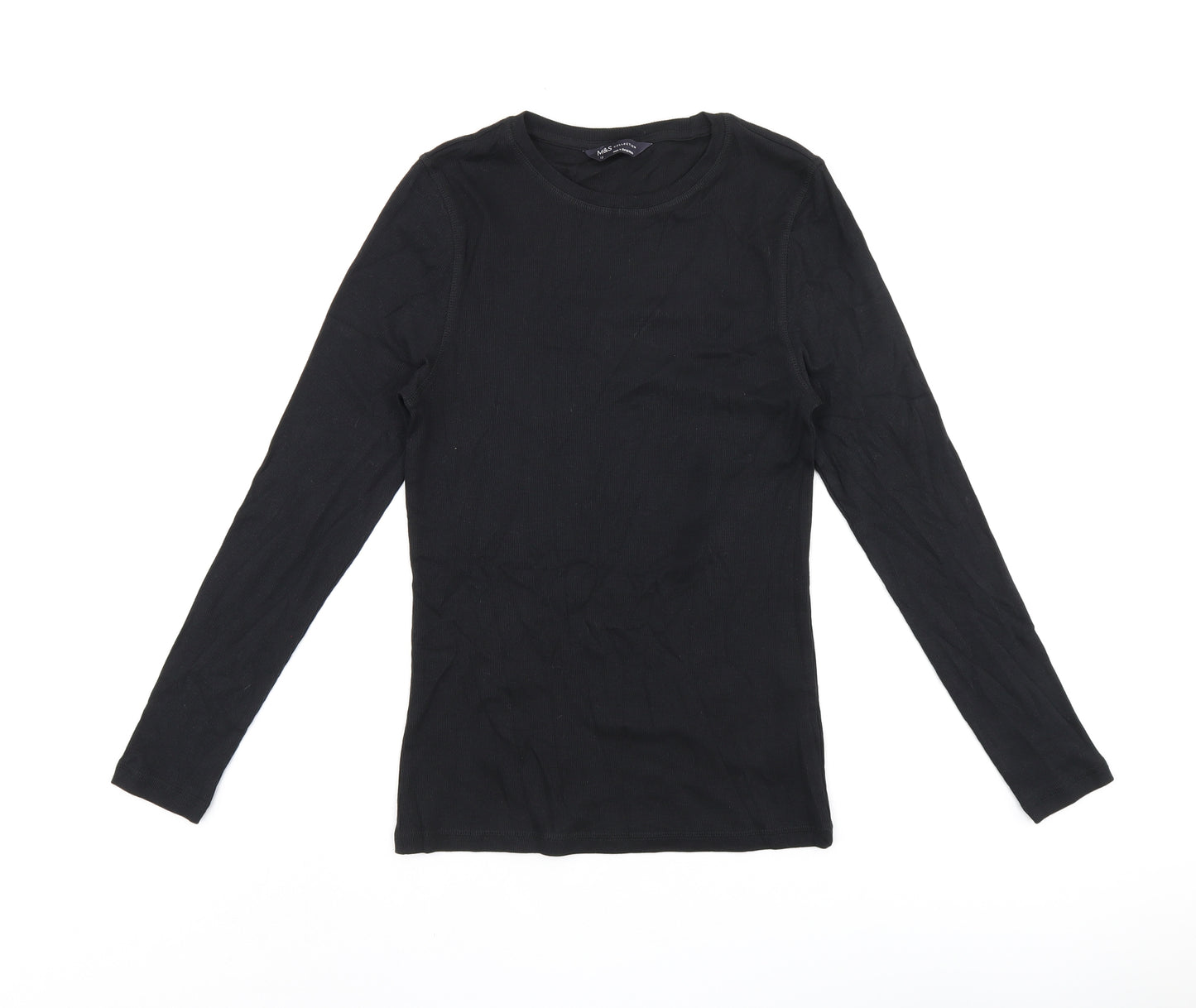 Marks and Spencer Womens Black Cotton Basic T-Shirt Size 12 Round Neck