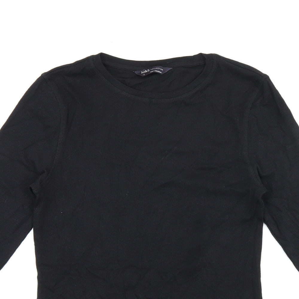 Marks and Spencer Womens Black Cotton Basic T-Shirt Size 12 Round Neck