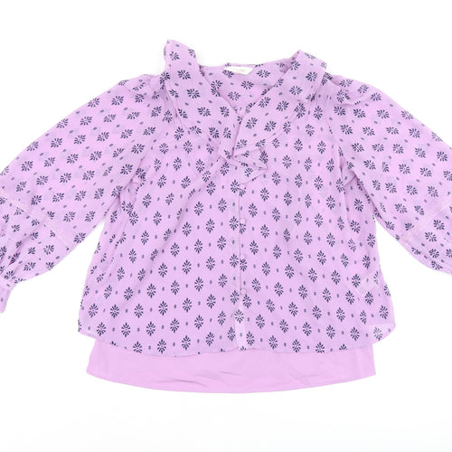 Per Una Womens Purple Geometric Polyester Basic Blouse Size 16 V-Neck - Frills