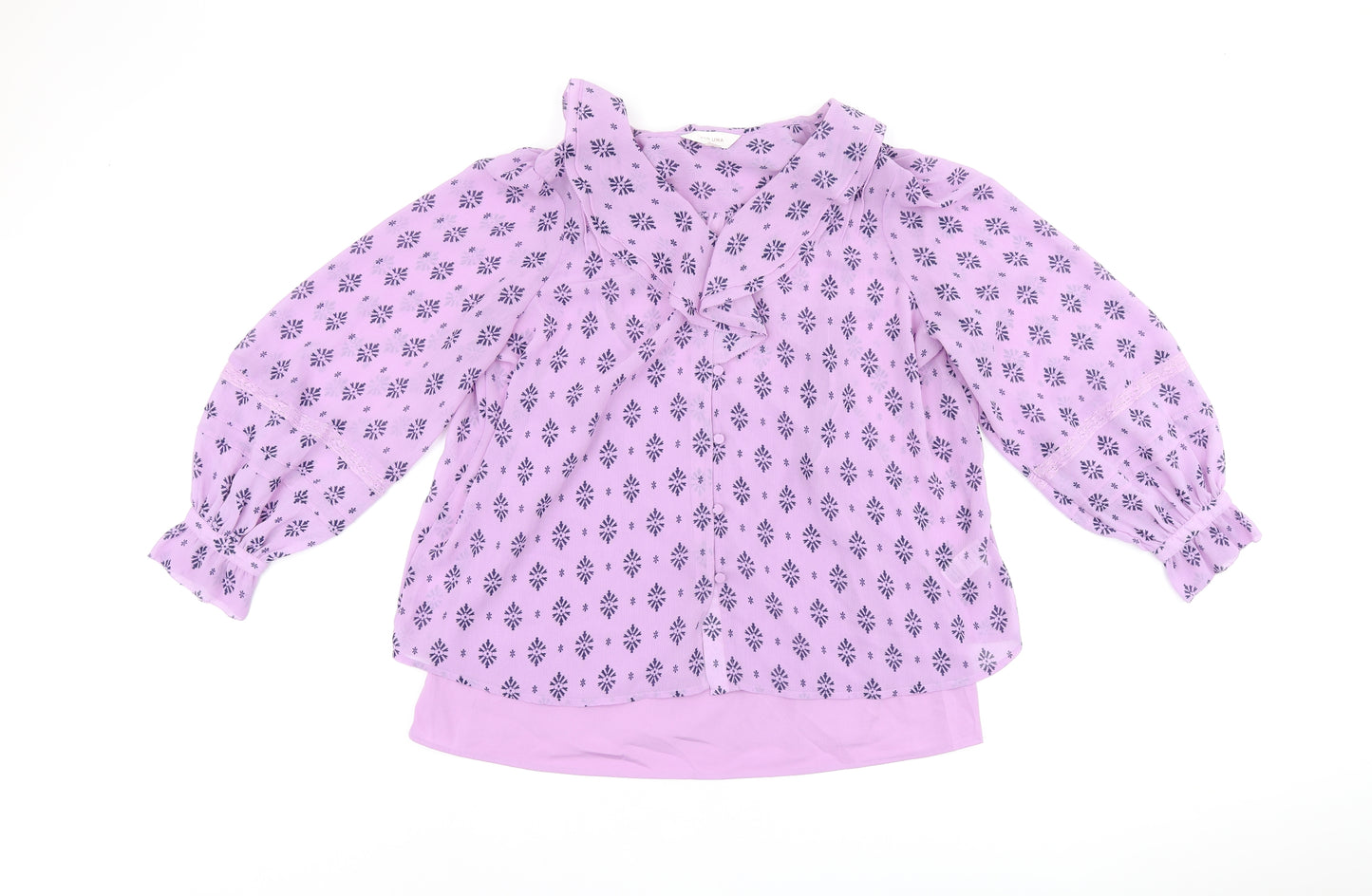 Per Una Womens Purple Geometric Polyester Basic Blouse Size 16 V-Neck - Frills