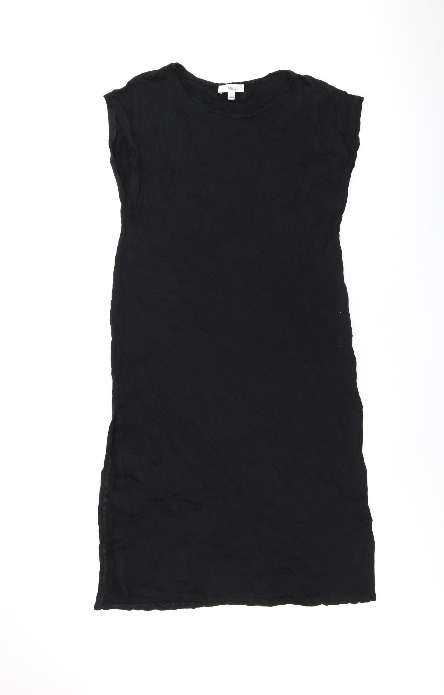 Marks and Spencer Womens Black Viscose T-Shirt Dress Size L Boat Neck Pullover - Split Hem