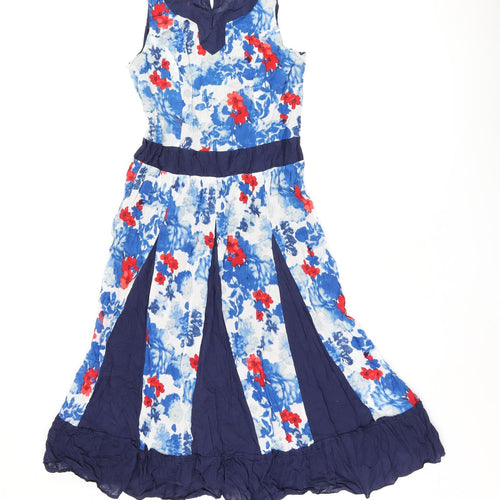 Klass Womens Blue Floral Polyester A-Line Size 10 Round Neck Button