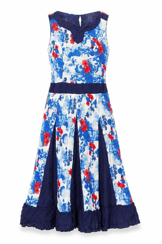 Front view of Klass women’s blue floral polyester a-line, size UK 10, round neck button
