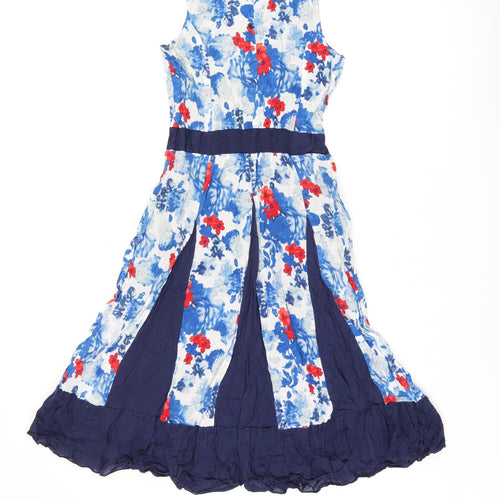 Klass Womens Blue Floral Polyester A-Line Size 10 Round Neck Button