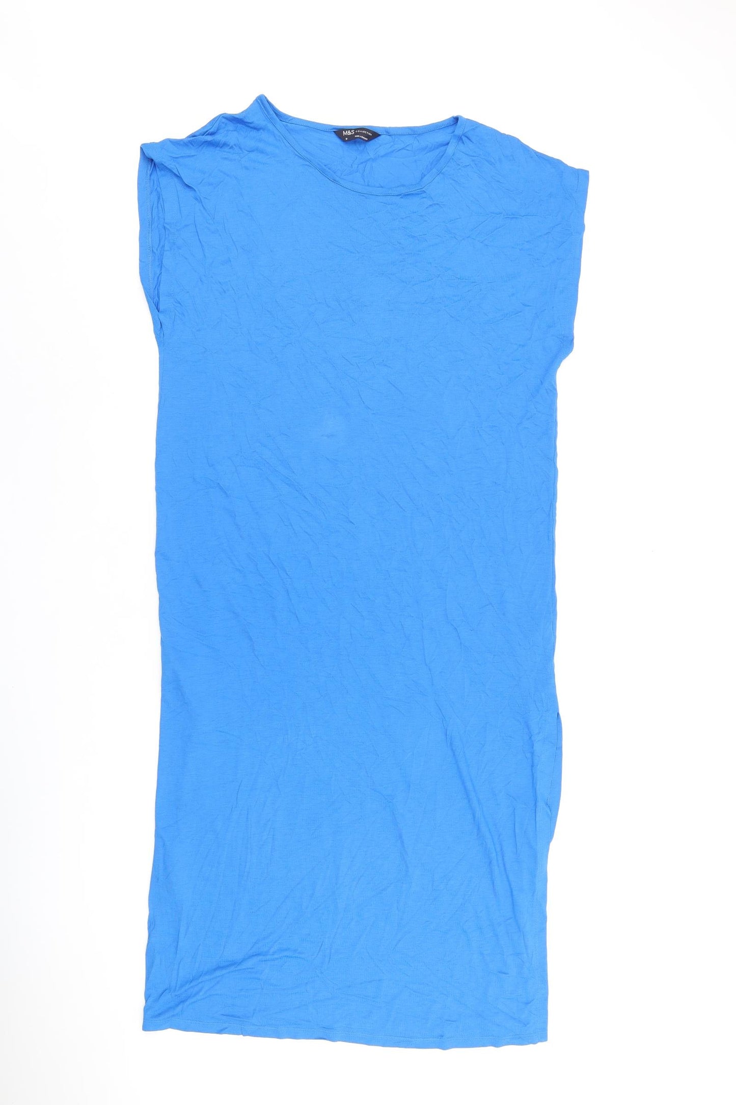 Marks and Spencer Womens Blue Viscose T-Shirt Dress Size M Round Neck Pullover - Split Hem