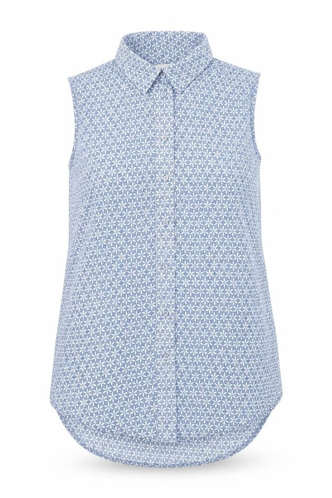 Front view of H&M women’s blue geometric polyester basic tank, size UK 6, collared - sheer