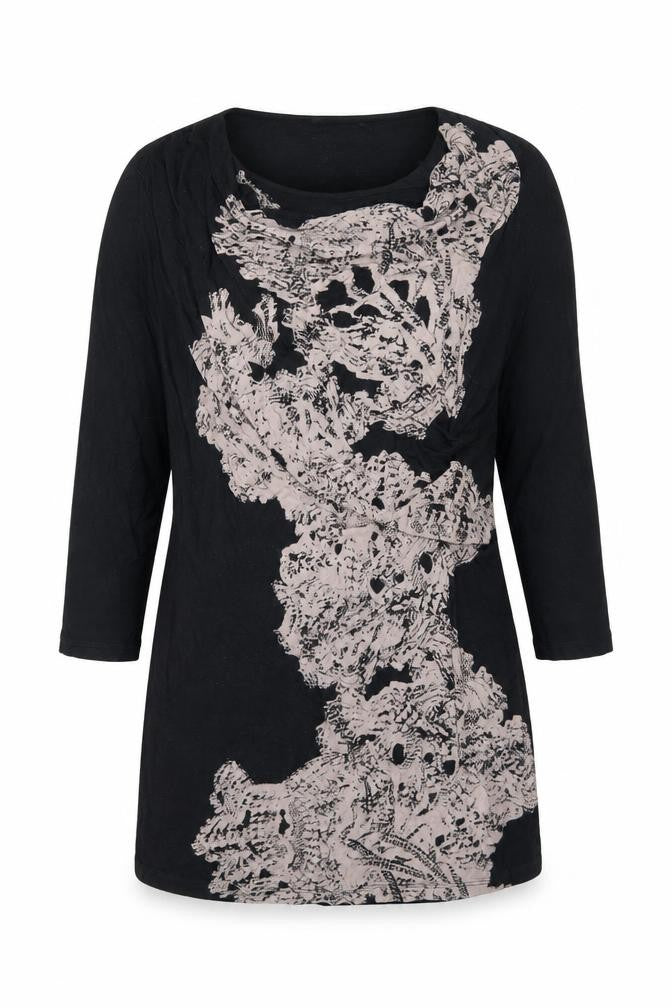 Front view of Autograph women’s black geometric viscose basic blouse, size UK 14, cowl neck