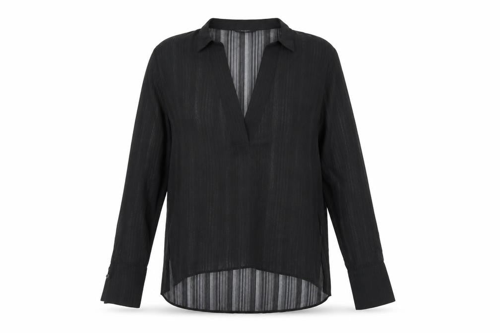 Front view of Lumiere women’s black polyester basic blouse, size S, v-neck - sheer