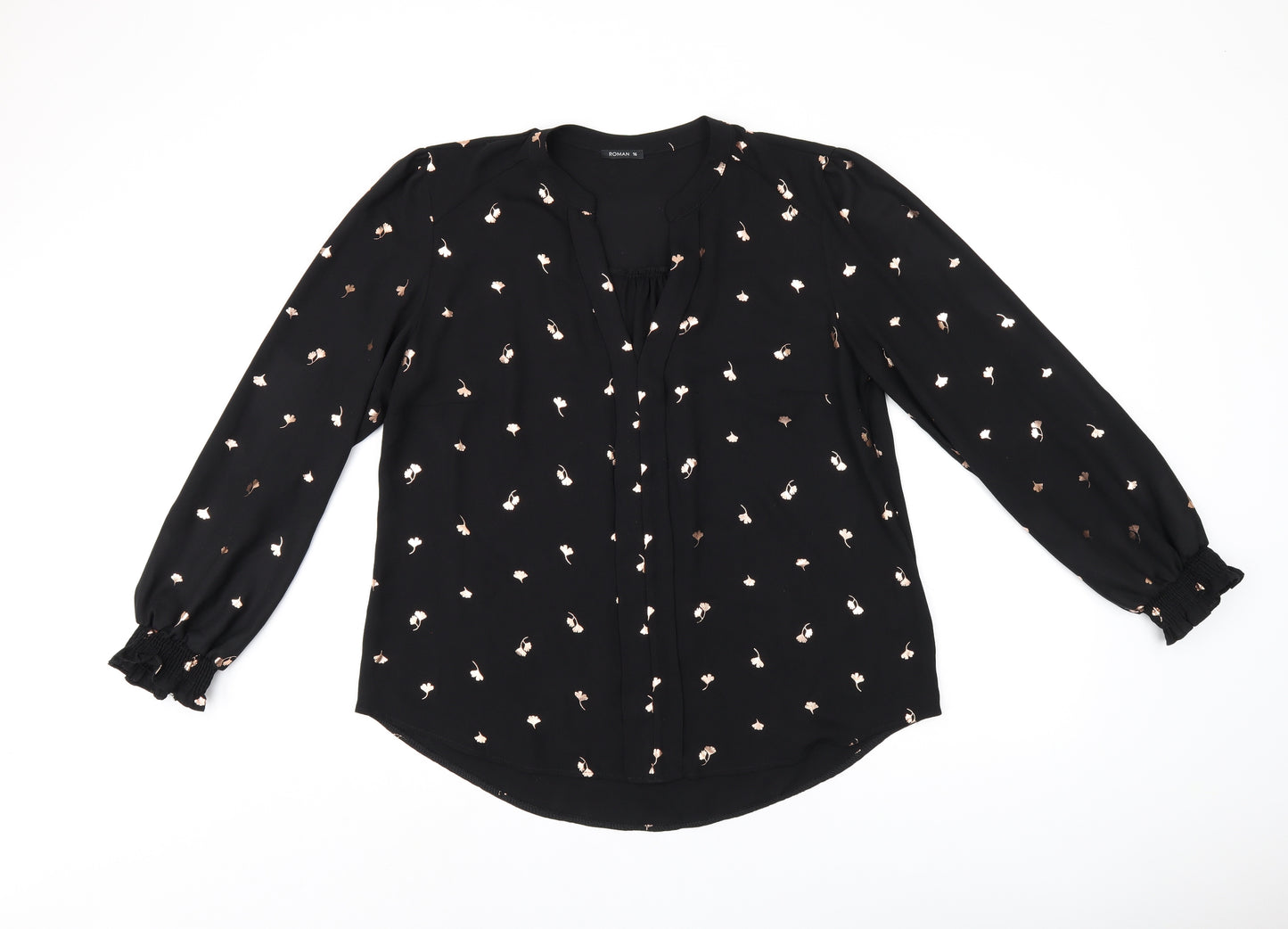 Roman Womens Black Floral Polyester Basic Blouse Size 16 V-Neck