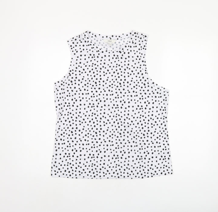 Marks and Spencer Womens White Polka Dot Polyester Basic Tank Size 10 Round Neck