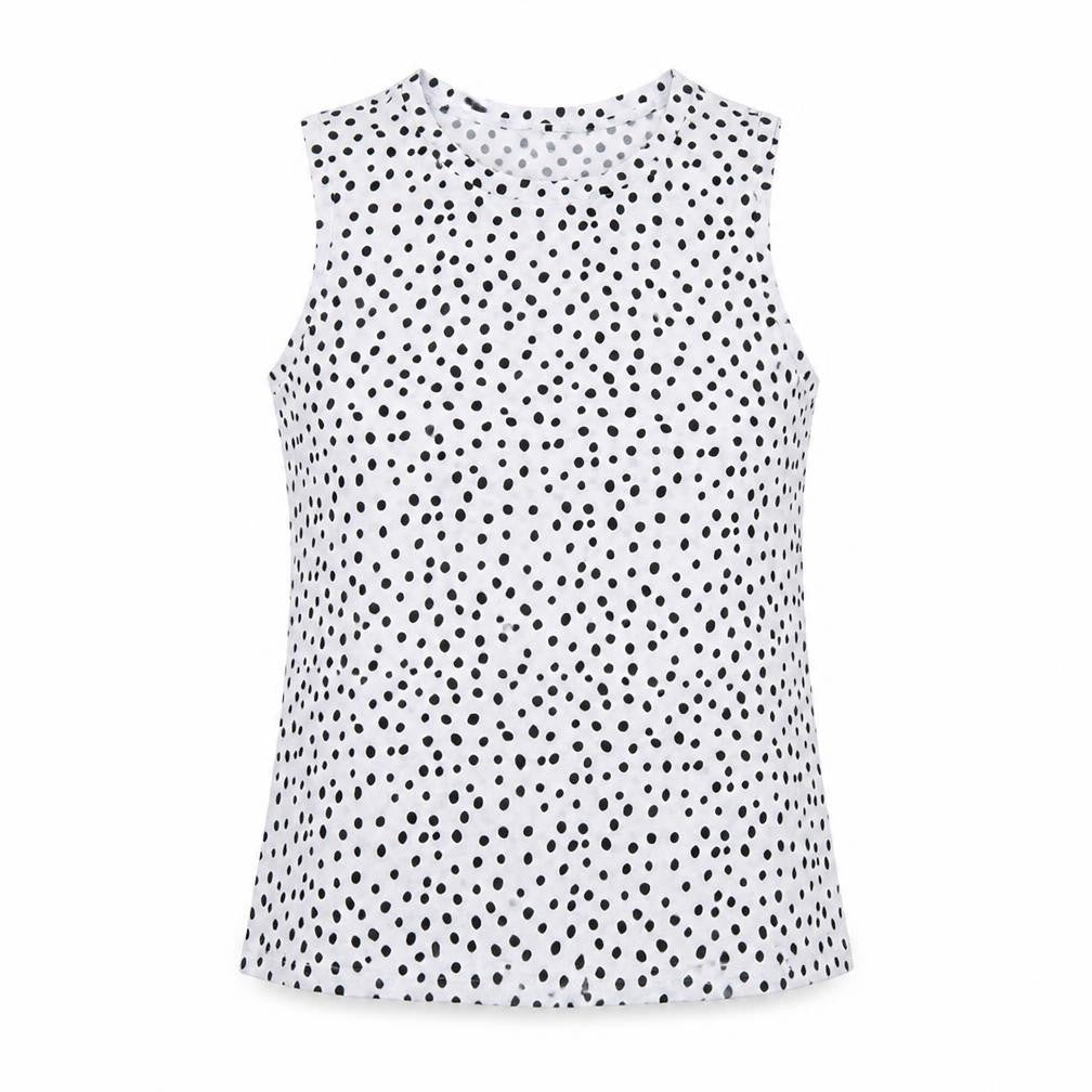 Front view of Marks & Spencer women’s white polka dot polyester basic tank, size UK 10, round neck