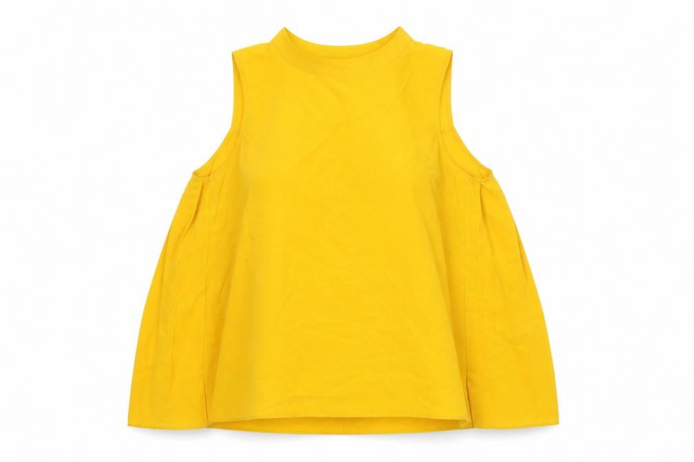 Front view of French Connection women’s yellow polyester basic blouse, size UK 8, round neck