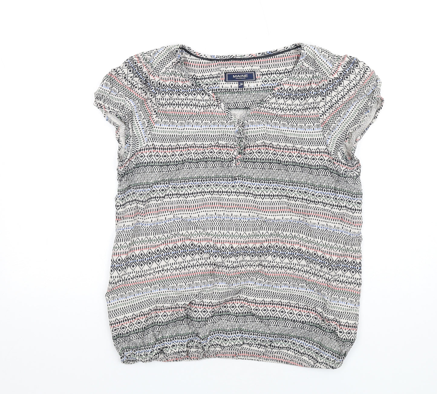 Maine Womens Multicoloured Geometric Viscose Basic T-Shirt Size 14 V-Neck