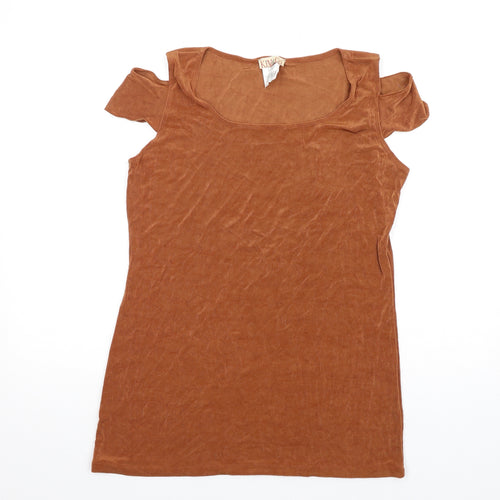 Kim&Co Womens Brown Acetate Basic T-Shirt Size L Round Neck - Cold Shoulder