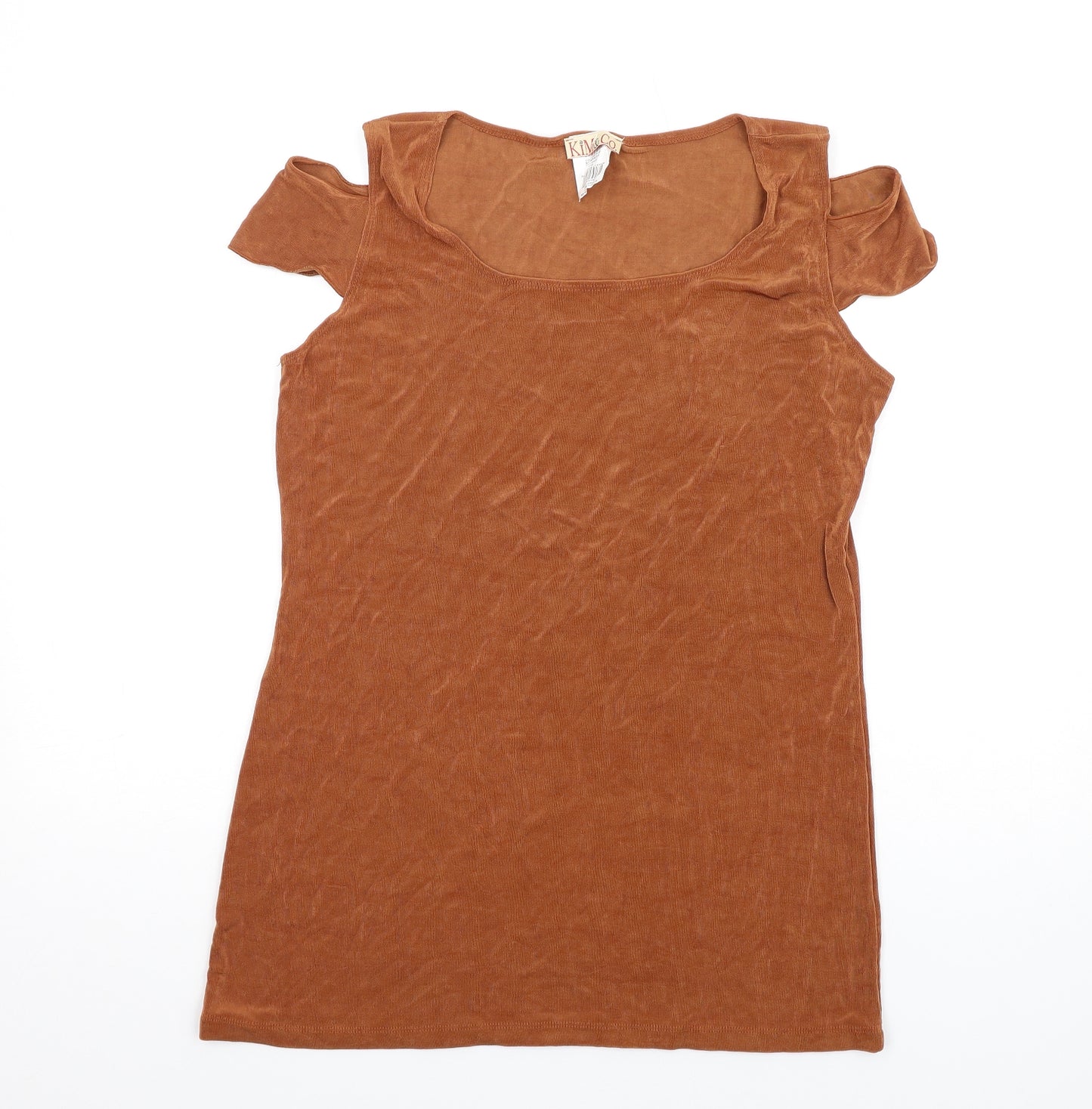 Kim&Co Womens Brown Acetate Basic T-Shirt Size L Round Neck - Cold Shoulder