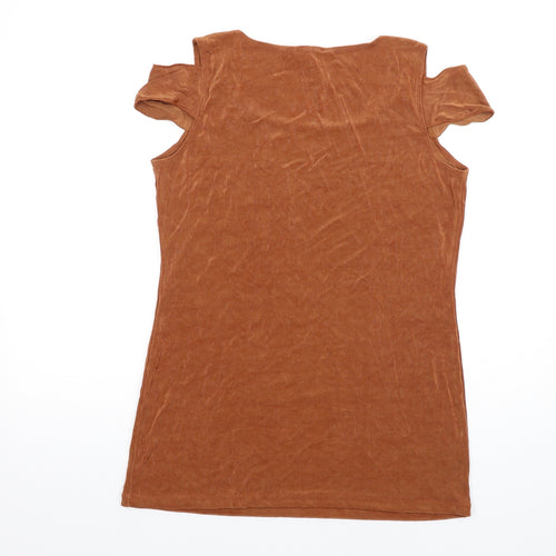 Kim&Co Womens Brown Acetate Basic T-Shirt Size L Round Neck - Cold Shoulder