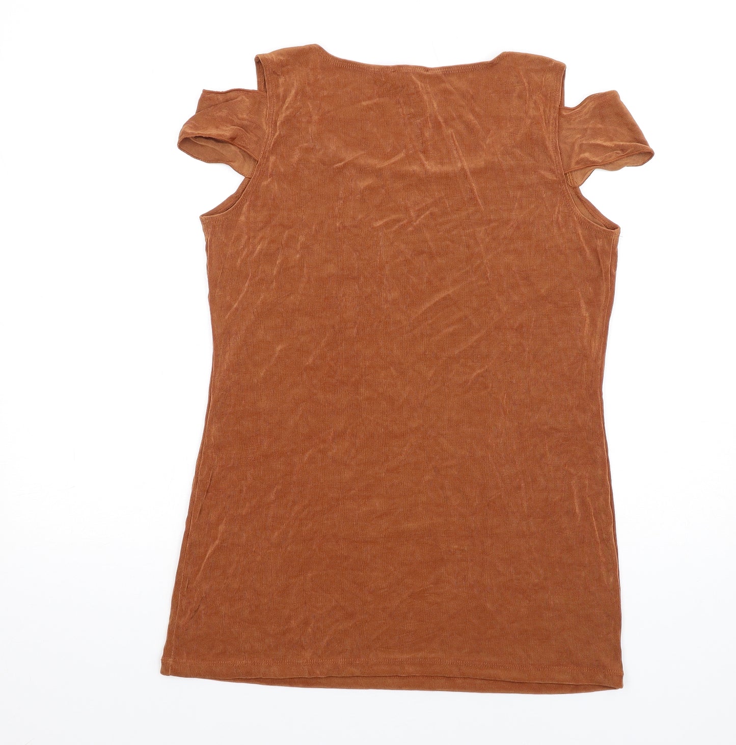 Kim&Co Womens Brown Acetate Basic T-Shirt Size L Round Neck - Cold Shoulder