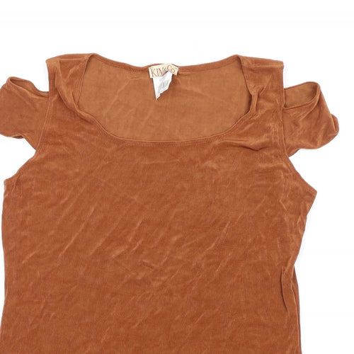 Kim&Co Womens Brown Acetate Basic T-Shirt Size L Round Neck - Cold Shoulder
