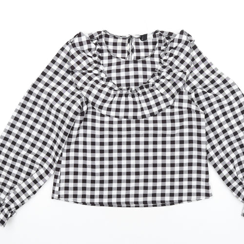 H&M Womens Black Check Polyester Basic Blouse Size 2XS Round Neck - Ruffle