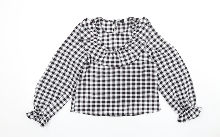 H&M Womens Black Check Polyester Basic Blouse Size 2XS Round Neck - Ruffle