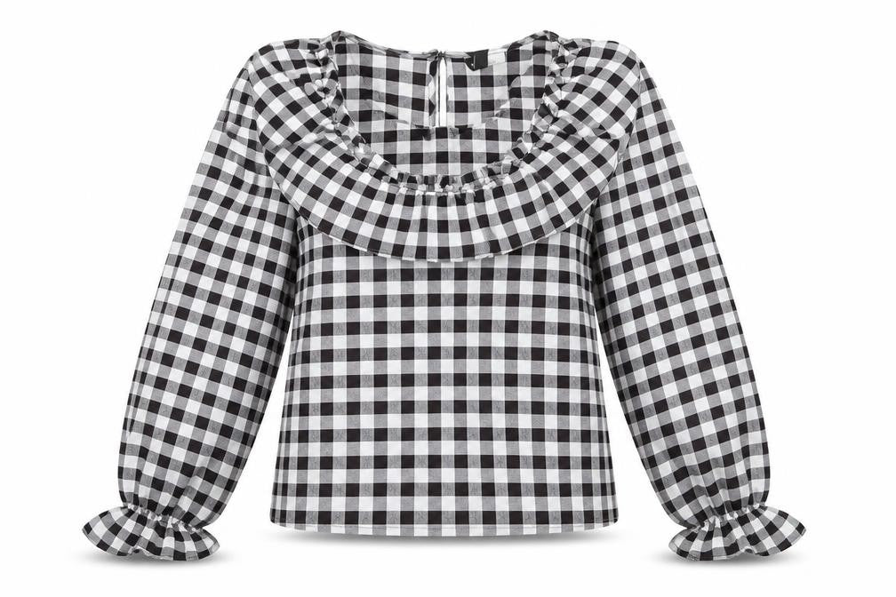Front view of H&M women’s black check polyester basic blouse size 2xs round neck - ruffle