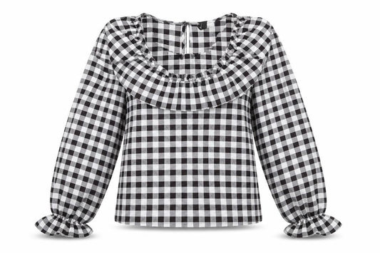 Front view of H&M women’s black check polyester basic blouse size 2xs round neck - ruffle
