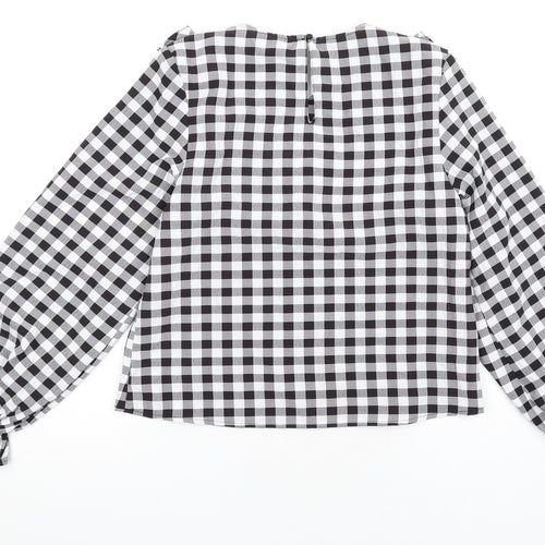 H&M Womens Black Check Polyester Basic Blouse Size 2XS Round Neck - Ruffle