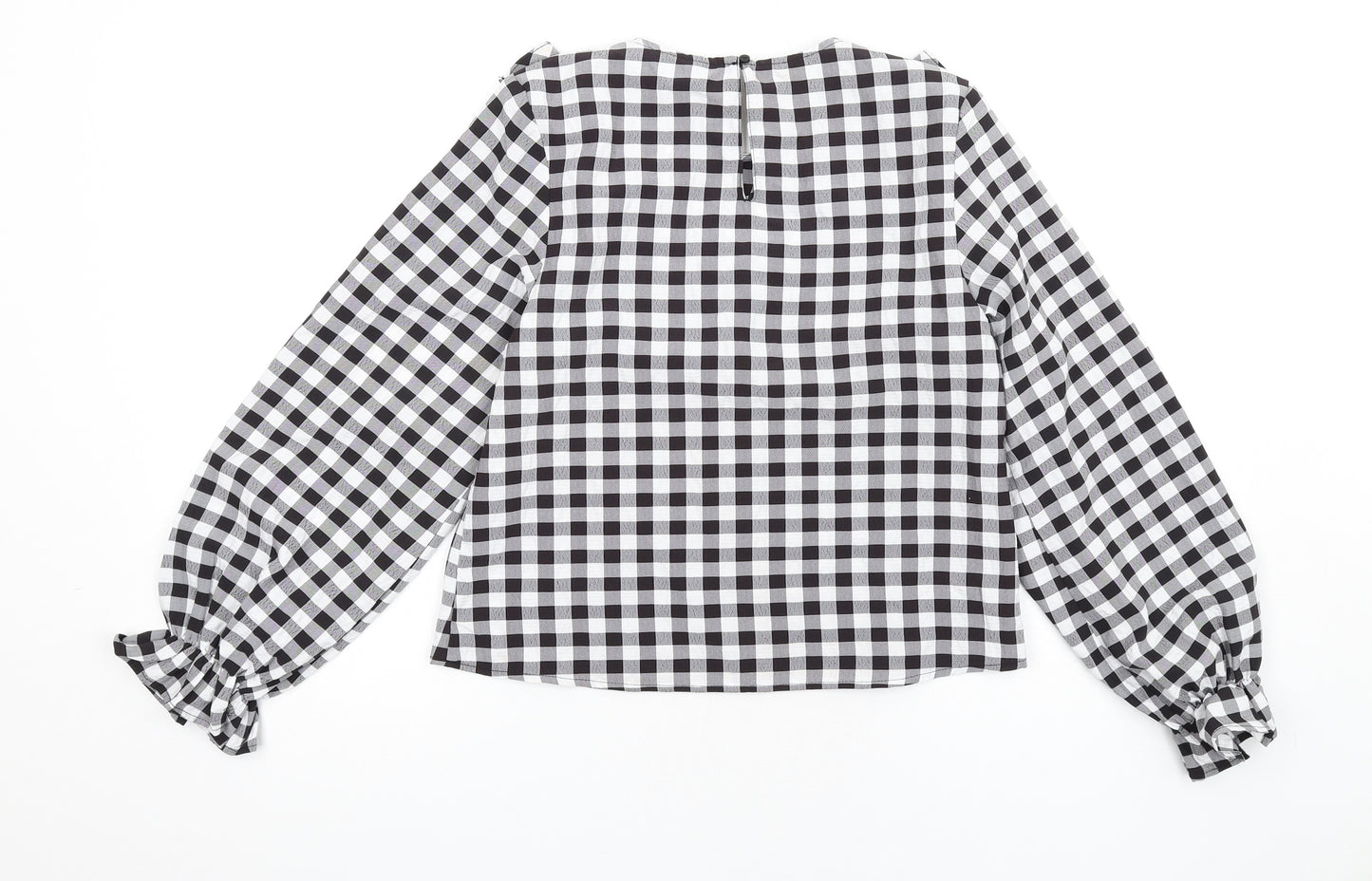 H&M Womens Black Check Polyester Basic Blouse Size 2XS Round Neck - Ruffle