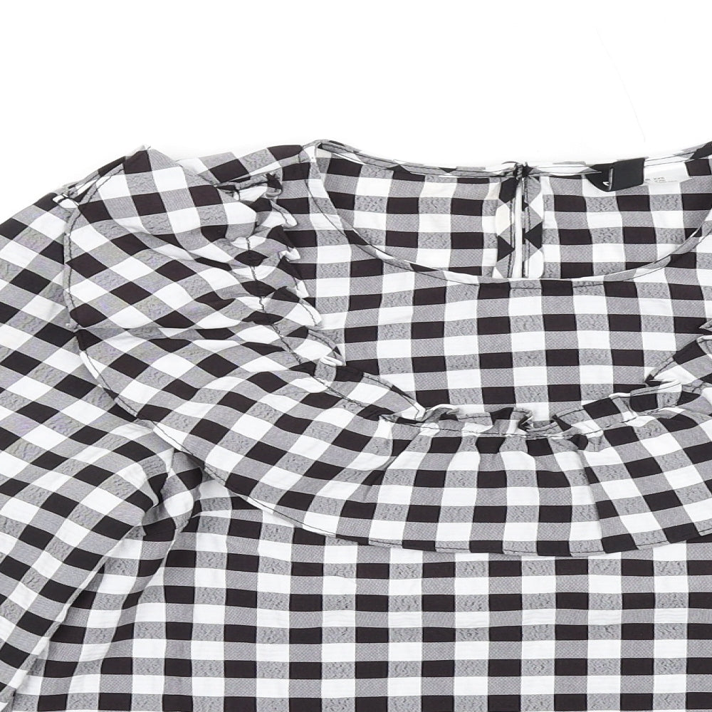 H&M Womens Black Check Polyester Basic Blouse Size 2XS Round Neck - Ruffle