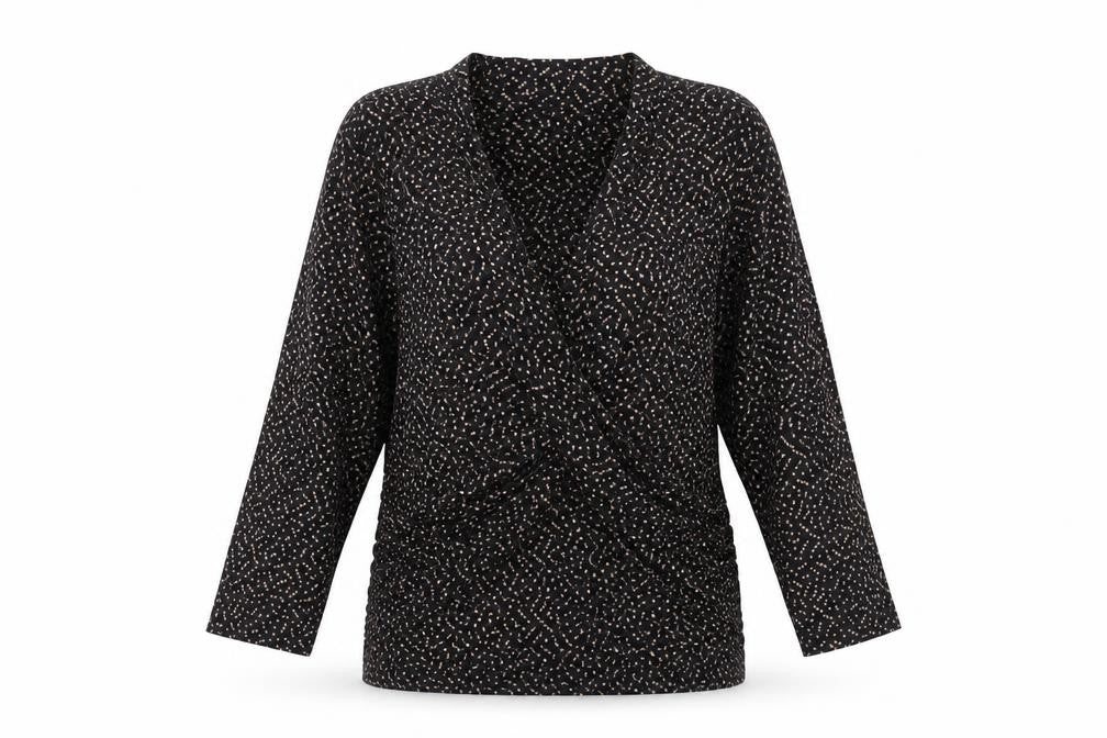 Front view of Country Casuals women’s black geometric viscose basic t-shirt, size L, v-neck