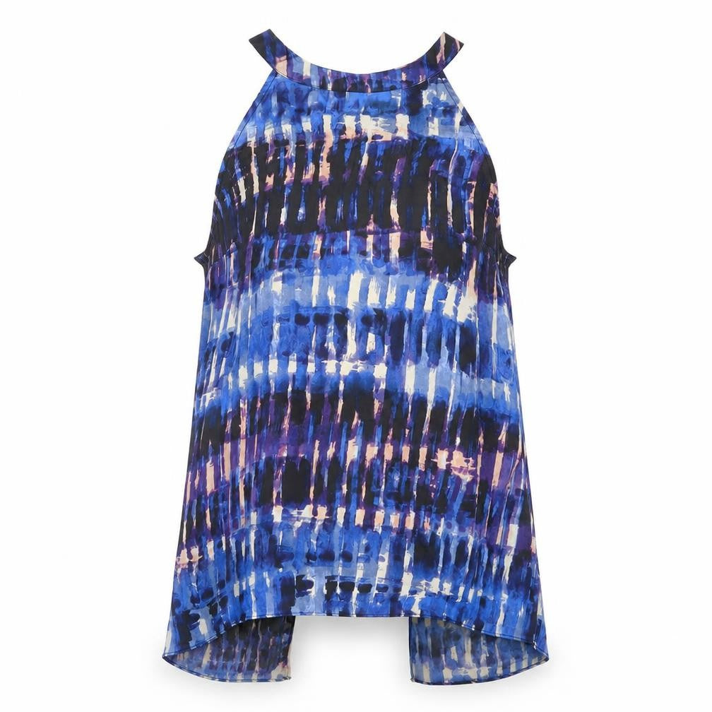 Front view of BB Dakota women’s blue geometric polyester basic tank, size XS, round neck