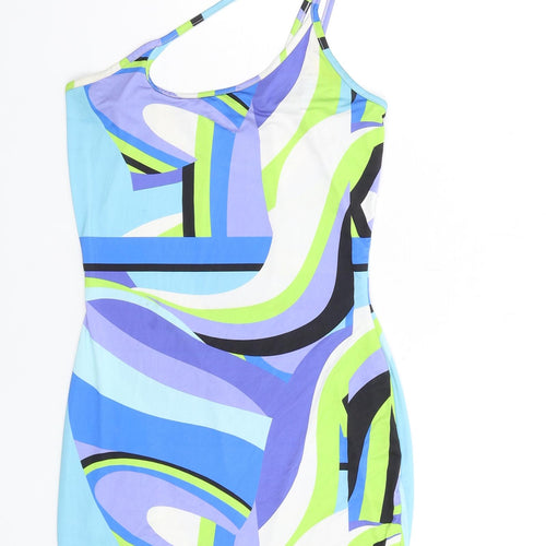 PRETTYLITTLETHING Womens Multicoloured Geometric Polyester Bodycon Size 8 One Shoulder Pullover
